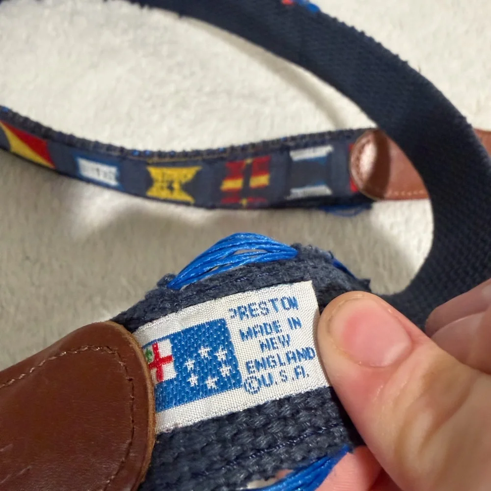 Preston Brand blue 'country flags' belt with leather ends, 37